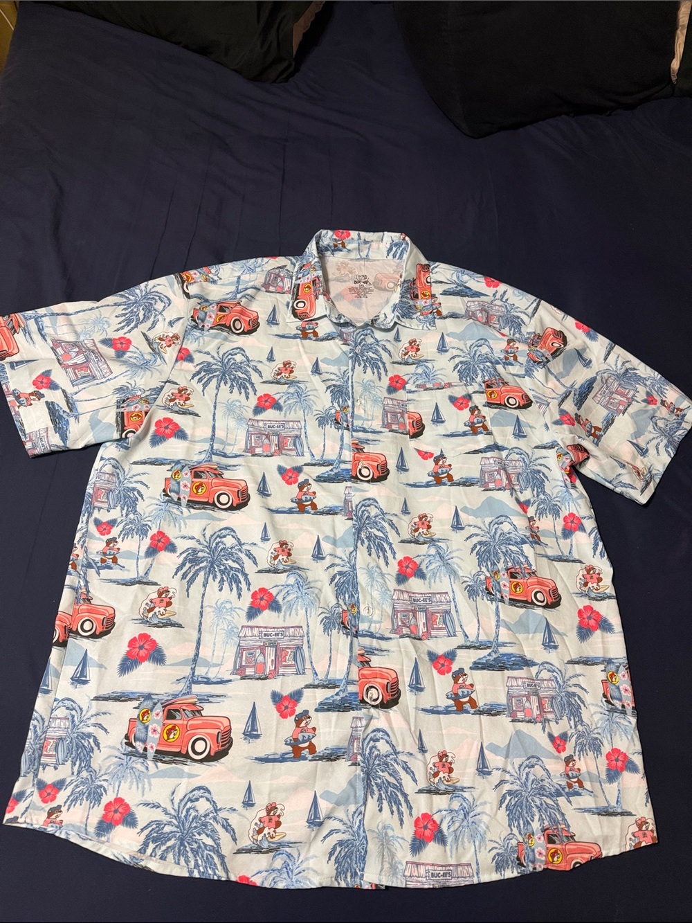 Casual Short-Sleeve Camp Shirt in White and Blue with Red Accents